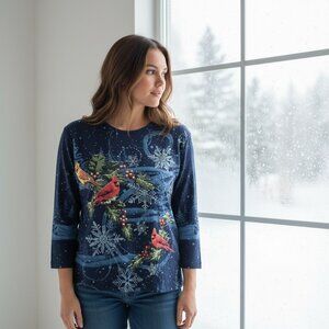 Morning Sun Navy Cardinal Snowflake Graphic T-Shirt Vintage Holiday Top Size S